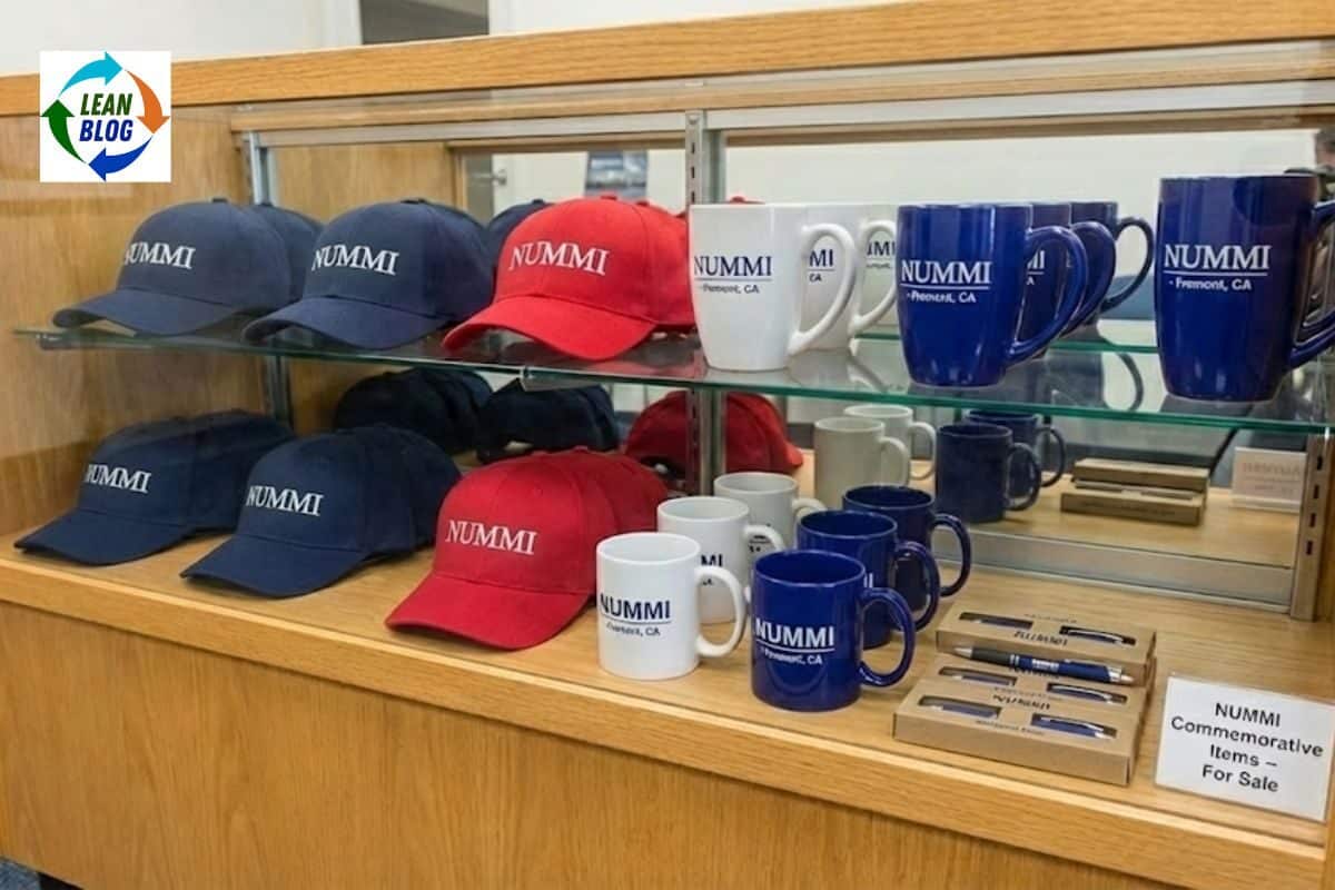 Red and navy baseball caps with "NUMMI" embroidered, along with white and blue mugs, pens, and a display shelf.