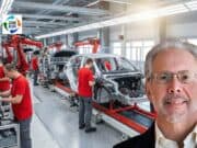 Jeffrey Liker on Toyota Culture and the Human Side of the Toyota Way (Part 1) Robotic automotive assembly line with workers in red shirts, large windows, and overhead cranes.
