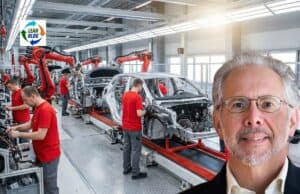 Jeffrey Liker on Toyota Culture and the Human Side of the Toyota Way (Part 1) Robotic automotive assembly line with workers in red shirts, large windows, and overhead cranes.