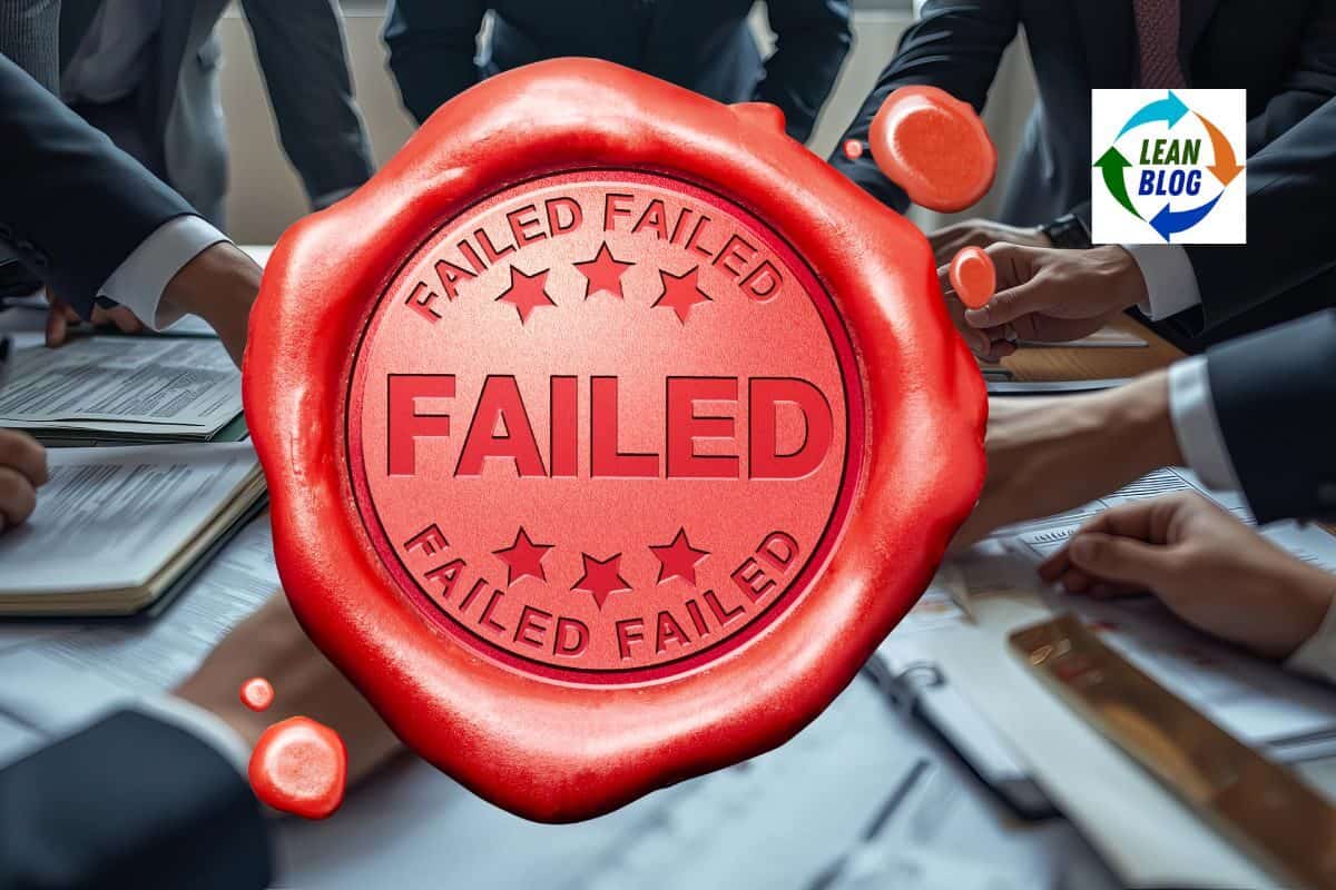 Failure stamp on a wax seal with business people in the background, highlighting lessons learned from failures.
