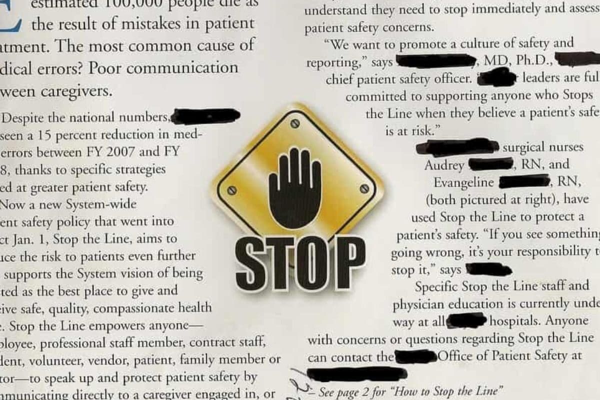 Stop sign with hand symbol warning against medical errors.