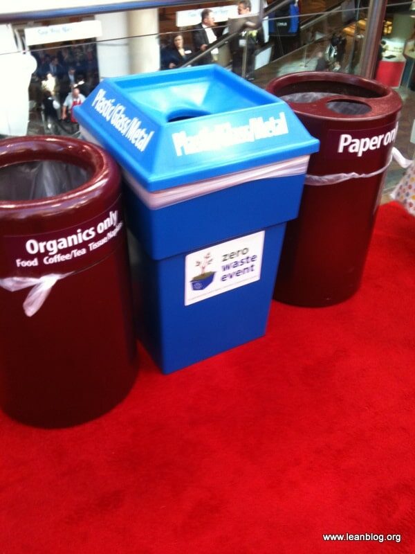 Three waste bins are positioned side by side on a red carpet. The left bin is brown for "Organics only," the middle bin is blue for "Plastic, Glass, Metal," and the right bin is brown for "Paper only." A sign on the middle bin reads "Zero Waste Event. lean blog