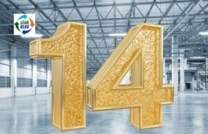 14 Is the Magic Number: How Deming’s 14 Points Align with the Toyota Way Gold glitter number 14 in a spacious industrial warehouse, emphasizing excellence in Lean principles.