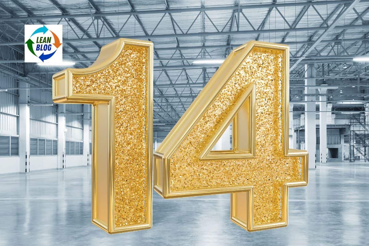Gold glitter number 14 in a spacious industrial warehouse, emphasizing excellence in Lean principles.