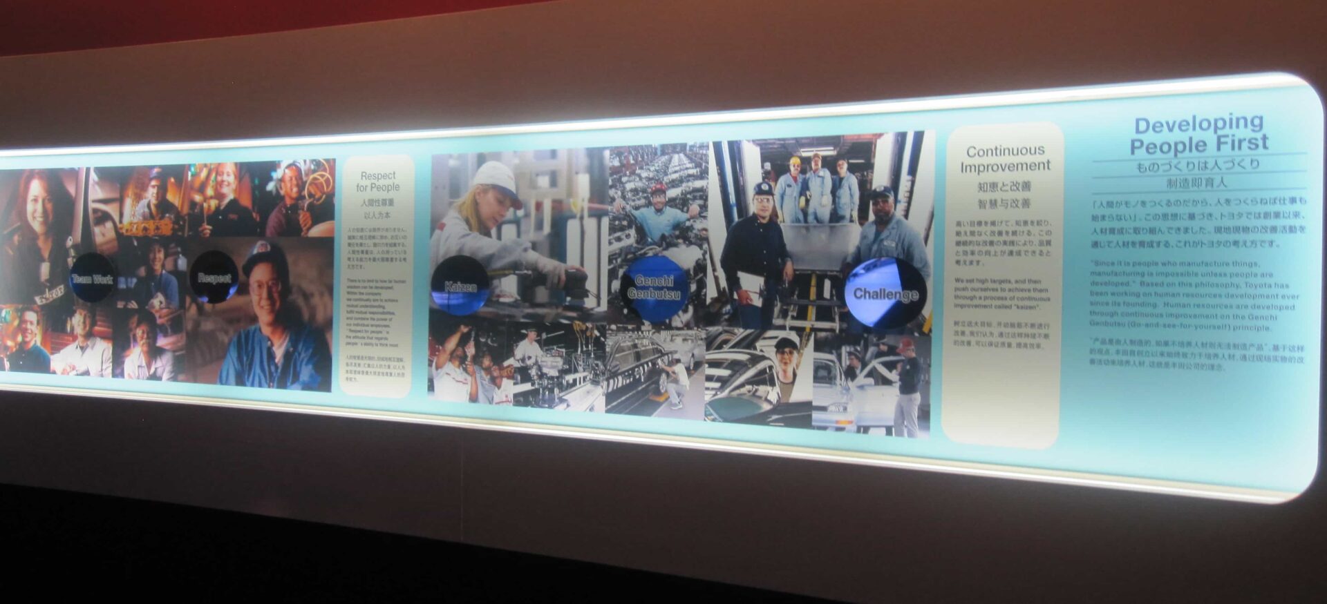 Toyota museum display illustrating Respect for People and Continuous Improvement, showing Toyota team members at work, genchi genbutsu, problem solving, and developing people first as the two pillars of Lean thinking