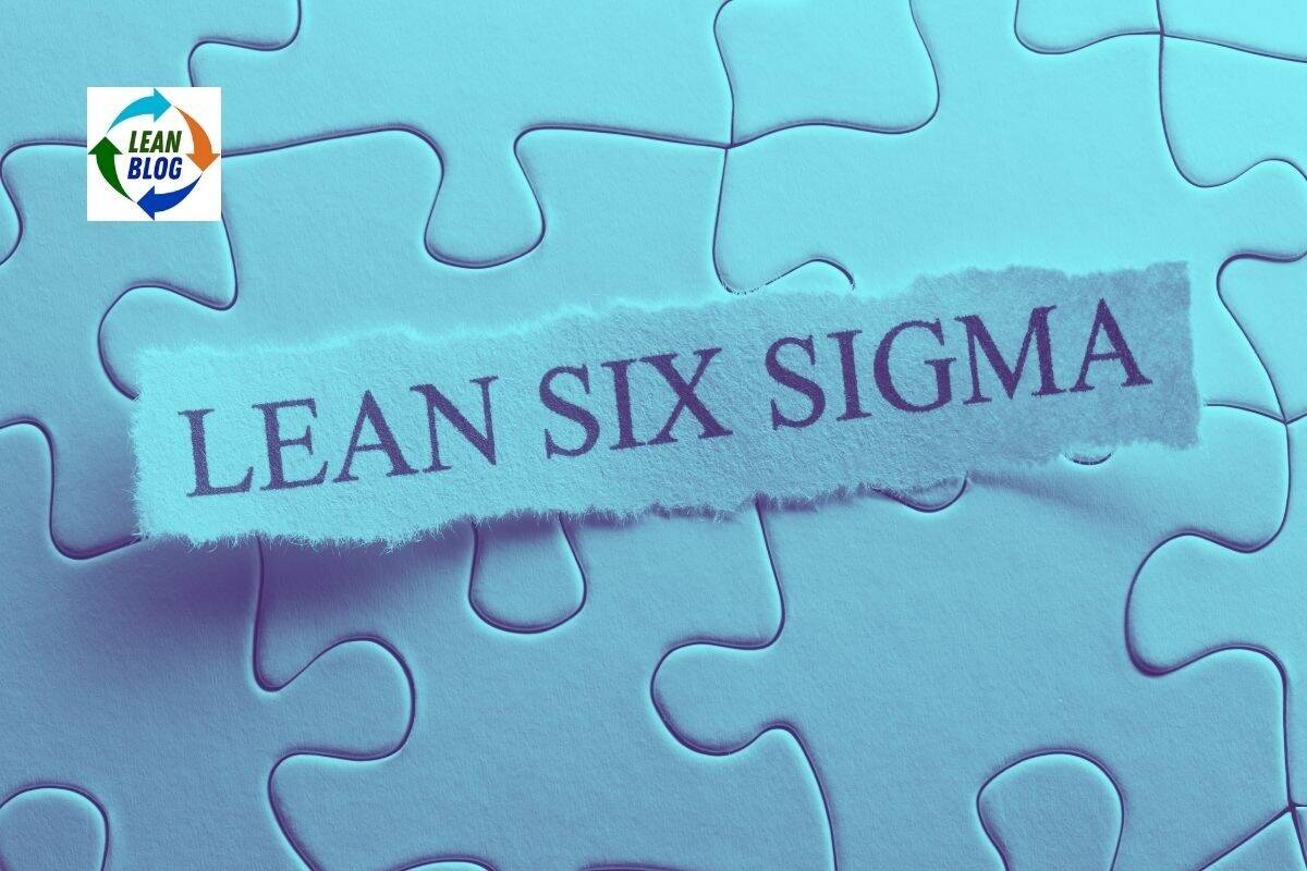Blue puzzle pieces background with torn paper label reading "LEAN SIX SIGMA" in purple text, and a Lean Blog logo in the top left corner.