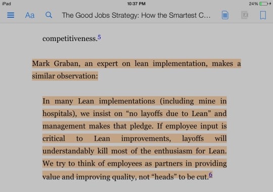 Highlighted excerpt from The Good Jobs Strategy quoting Mark Graban on Lean implementation, emphasizing no layoffs due to Lean and viewing employees as partners rather than costs