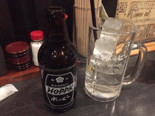 Shochu (liquor) and Hoppi (a low-alcohol beer), typically mixed together