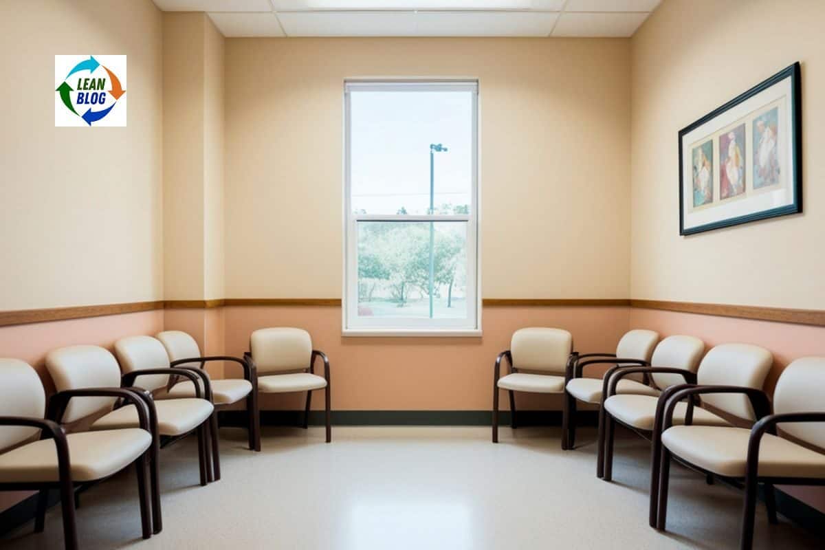 Empty waiting room with beige walls, chairs, window showing outdoor view, and framed artwork.