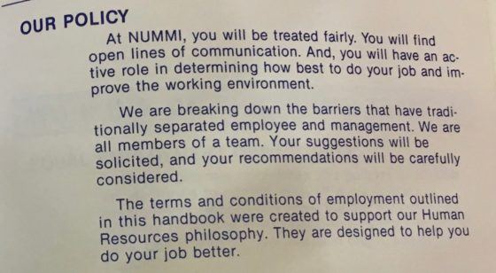 Our Policy page from the 1984 NUMMI Team Member Handbook describing fair treatment, open communication, employee involvement, and breaking down barriers between management and workers