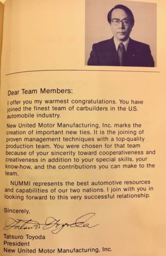 Letter to NUMMI team members praising teamwork and skills, signed by the company president, from the 1984 NUMMI Team Member Handbook.