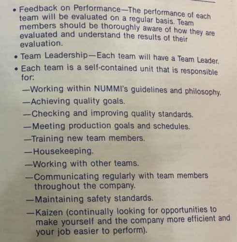 Team responsibilities page from the 1984 NUMMI Team Member Handbook outlining team leadership, quality, safety, communication, training, and kaizen responsibilities