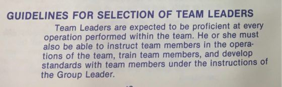 Guidelines for Selection of Team Leaders page from the 1984 NUMMI Team Member Handbook describing expectations for team leader proficiency, training, and developing standards with team members