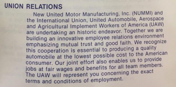 Union Relations page from the 1984 NUMMI Team Member Handbook describing cooperation between NUMMI and the UAW based on mutual trust, teamwork, and quality