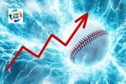 1. Upward trending red line graph with lightning background and baseball, symbolizing growth and energy.