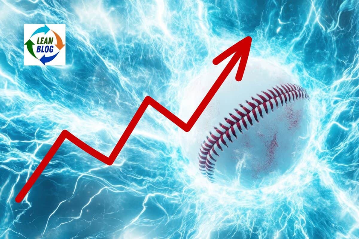 1. Upward trending red line graph with lightning background and baseball, symbolizing growth and energy.