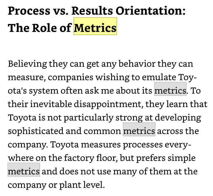 Excerpt from The Toyota Way discussing process vs. results orientation, explaining Toyota's preference for simple, process-focused metrics over sophisticated company-wide performance measures.