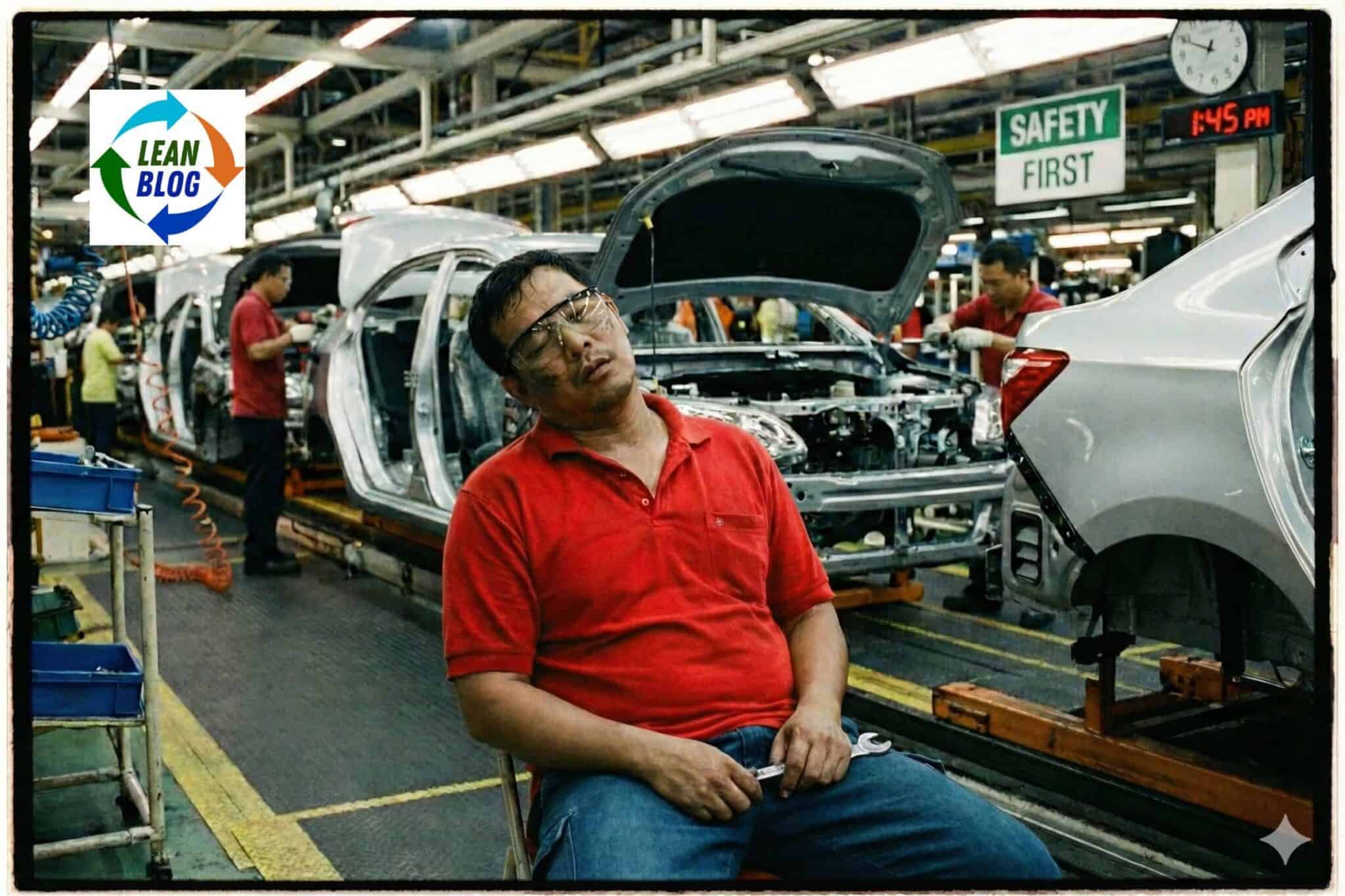 Prolonged worker resting at car assembly plant, with cars in progress and assembly workers in background.