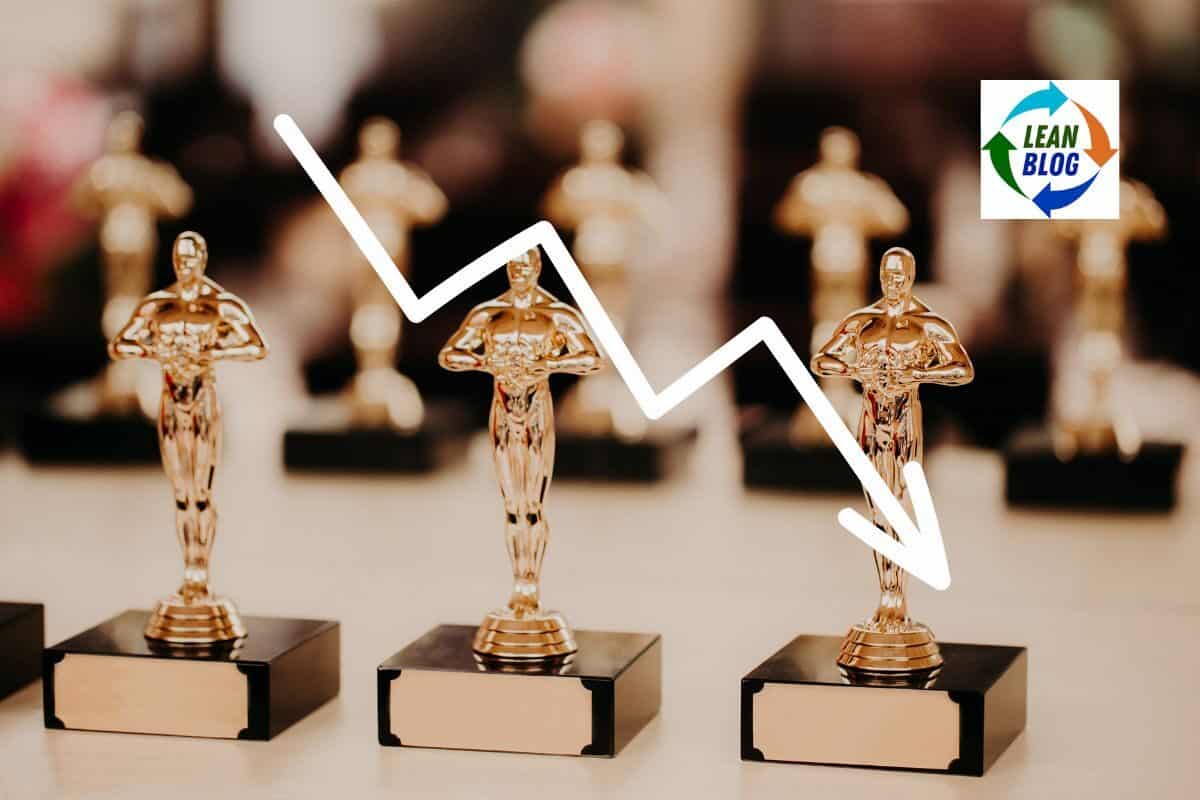 Downward trending line graphic over gold trophy figures representing decline in success or performance.