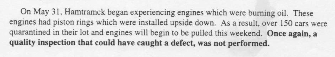 GM Livonia Engine Plant memo documenting how skipped quality inspections allowed defective engines with upside-down piston rings to reach customers, illustrating leadership-driven system failure.