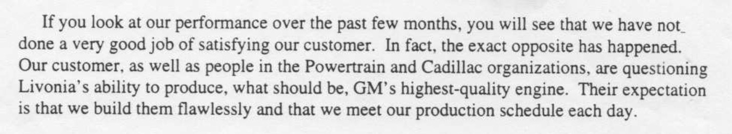Internal GM memo shows leaders recognizing that chasing production over quality damaged customer trust and called the Livonia Engine Plant's capability into question.