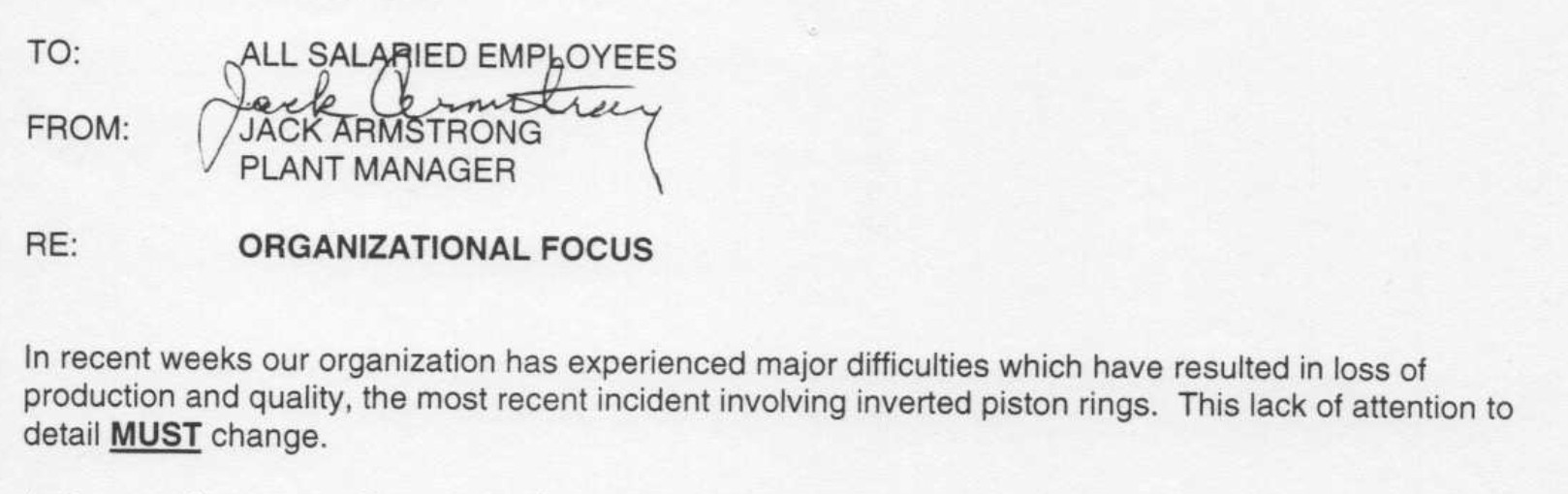 1996 GM Livonia Engine Plant memo from plant manager Jack Armstrong highlighting inverted piston ring defects and framing systemic quality failures as employee attention-to-detail issues.