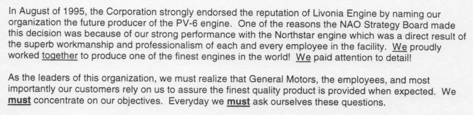GM Livonia Engine Plant memo highlighting leadership rhetoric about past quality success and attention to detail amid ongoing production and quality breakdowns in the 1990s