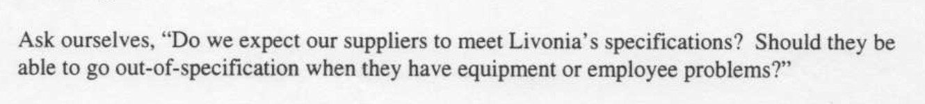 Excerpt from internal GM Livonia Engine Plant quality memo asking whether suppliers should be allowed to ship out-of-spec parts due to equipment or employee problems, highlighting leadership accountability for quality standards