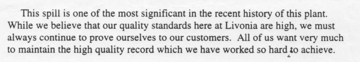 GM Powertrain internal memo from April 1996 stating that a recent quality spill was significant, asserting that quality standards at the Livonia Engine Plant were high, and emphasizing the need to maintain customer confidence and past quality performance.