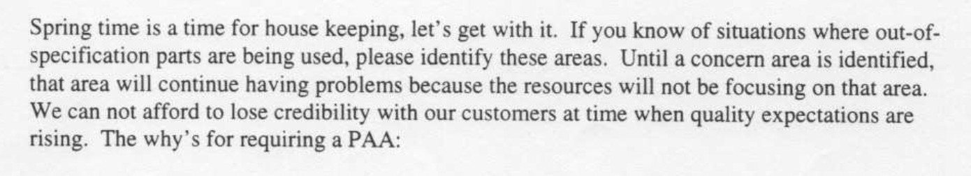 Internal GM Livonia Engine Plant memo dated April 1996 reminding managers and employees to identify and report use of out-of-specification parts, warning that quality problems will persist without leadership focus and formal Production Action Authorization (PAA).