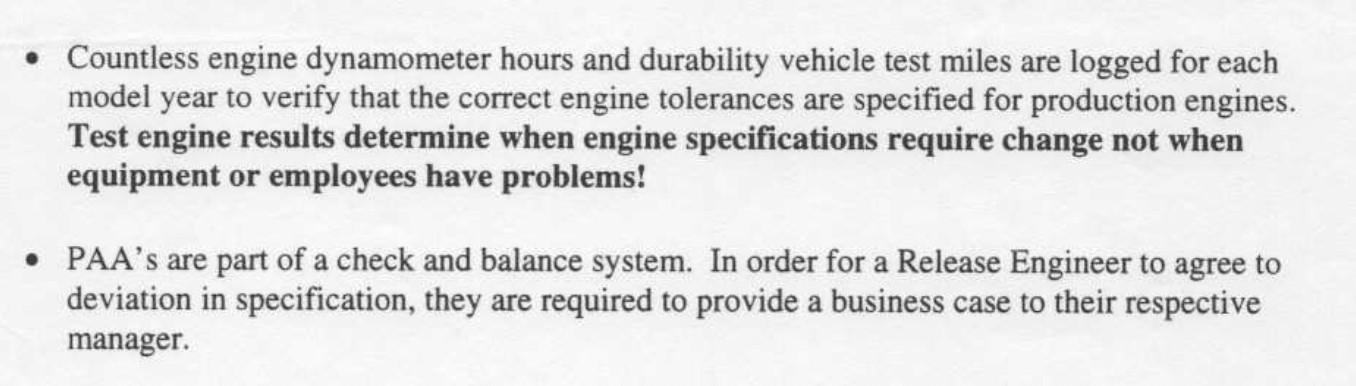 GM Livonia Engine Plant quality memo detailing engine durability testing, specification control, and Production Action Authorization (PAA) requirements to prevent out-of-spec parts from shipping.