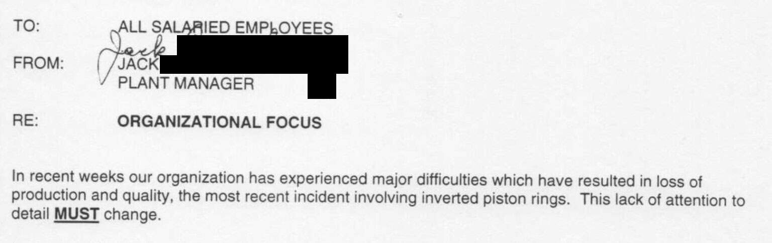 Memo header to all salaried employees from plant manager regarding organizational focus and production quality issues