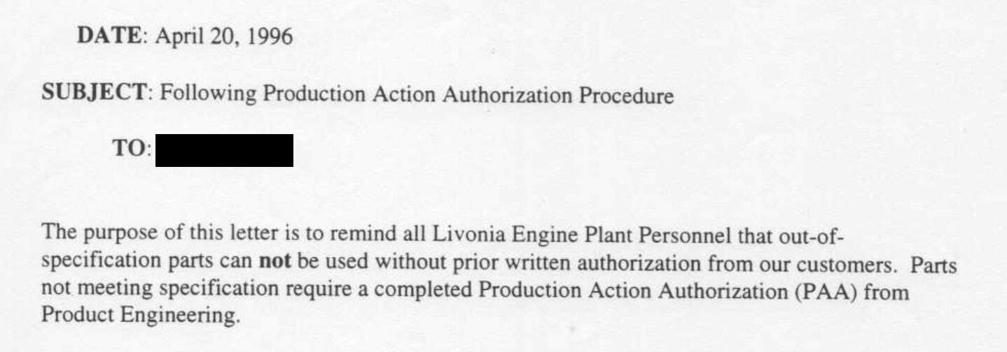 Memo to line regarding procedure for using out-of-specification parts requiring prior written authorization