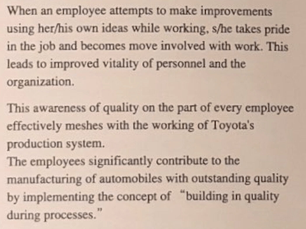 Toyota TQM text explaining how employee-driven improvement builds pride, engagement, and quality through Toyota's production system