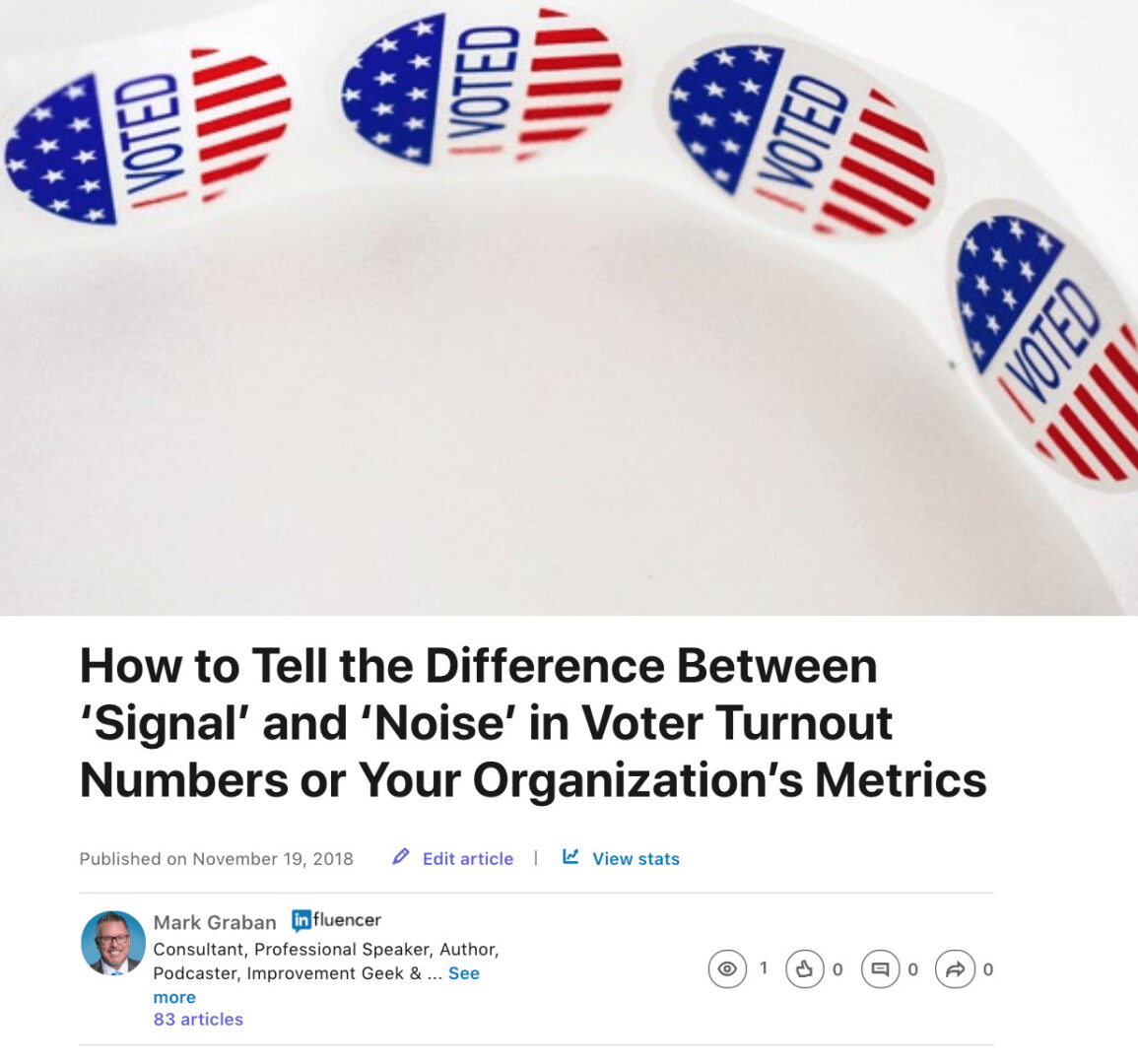 LinkedIn article preview showing I Voted stickers and headline about distinguishing signal and noise in voter turnout data and organizational metrics