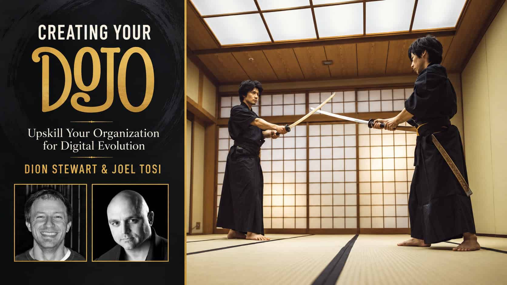 Book cover titled Creating Your Dojo with two practitioners sparring with wooden swords in a dojo, plus author headshots