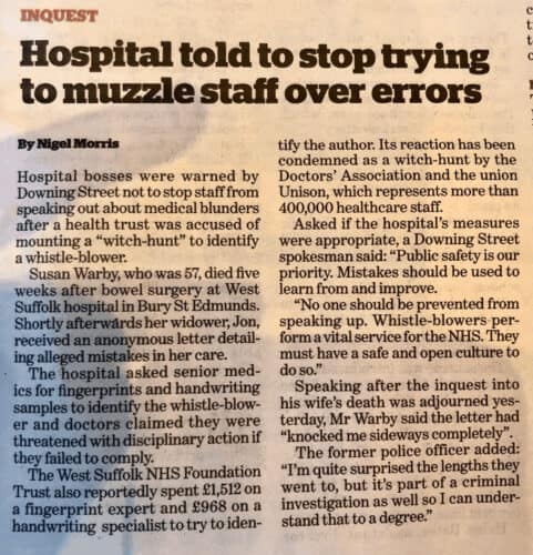 A newspaper article highlighting a warning to hospital bosses from Downing Street to stop preventing staff from speaking out about medical errors, following accusations of a witch-hunt to identify a whistle-blower.