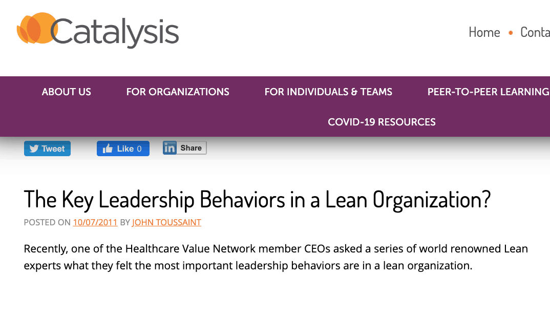 Screenshot of an article on the Catalysis website titled "The Key Leadership Behaviors in a Lean Organization?" by John Toussaint, posted on October 7, 2011.