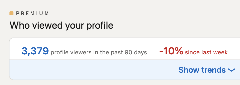 LinkedIn stats -- 3,379 profile viewers, down 10%
