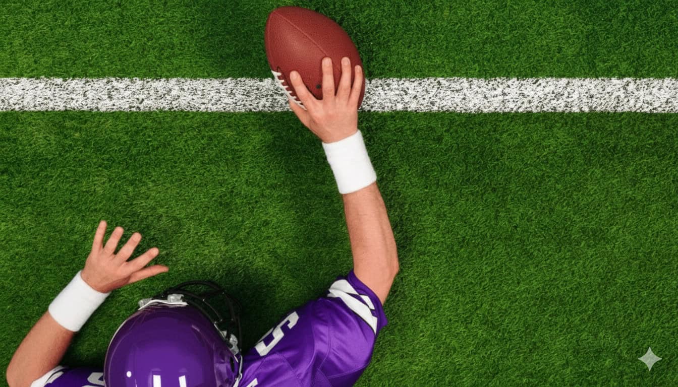 Extended reach of a football player reaching for a catch on a sports field.