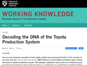 “Decoding the DNA of the Toyota Production System” Summary A screenshot of the Harvard Business School Working Knowledge webpage featuring an article titled "Decoding the DNA of the Toyota Production System." The article, archived from October 12, 1999, discusses how the Toyota Production System combines rigid scripting with flexibility. HBS Professors H. Kent Bowen and Steven Spear highlight Toyota's success through continuous controlled experiments and a scientific-method approach internalized by its workers, allowing for fluid adaptation to changing circumstances.
