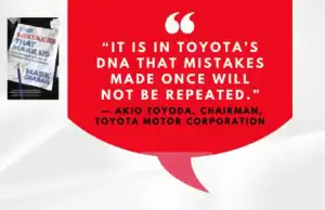 How to Build a Culture of Learning: Reducing Fear and Futility in Mistake Management "IT IS IN TOYOTA'S DNA THAT MISTAKES MADE ONCE WILL NOT BE REPEATED." quote on a red speech bubble, with a book cover on the side.