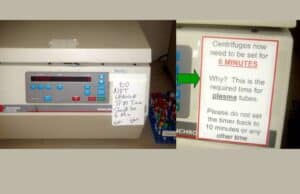 From Commands to Collaboration: Lessons in Respectful and Effective Workplace Signage Image showing two signs on a centrifuge. The left sign is handwritten and reads "DO NOT CHANGE SPIN TIME. Should be 6 Min." The right sign is printed and reads "Centrifuges now need to be set for 6 MINUTES. Why? This is the required time for plasma tubes. Please do not set the timer back to 10 minutes or any other time." The right sign provides context and reasoning for the instruction, while the left sign is a direct command without explanation.