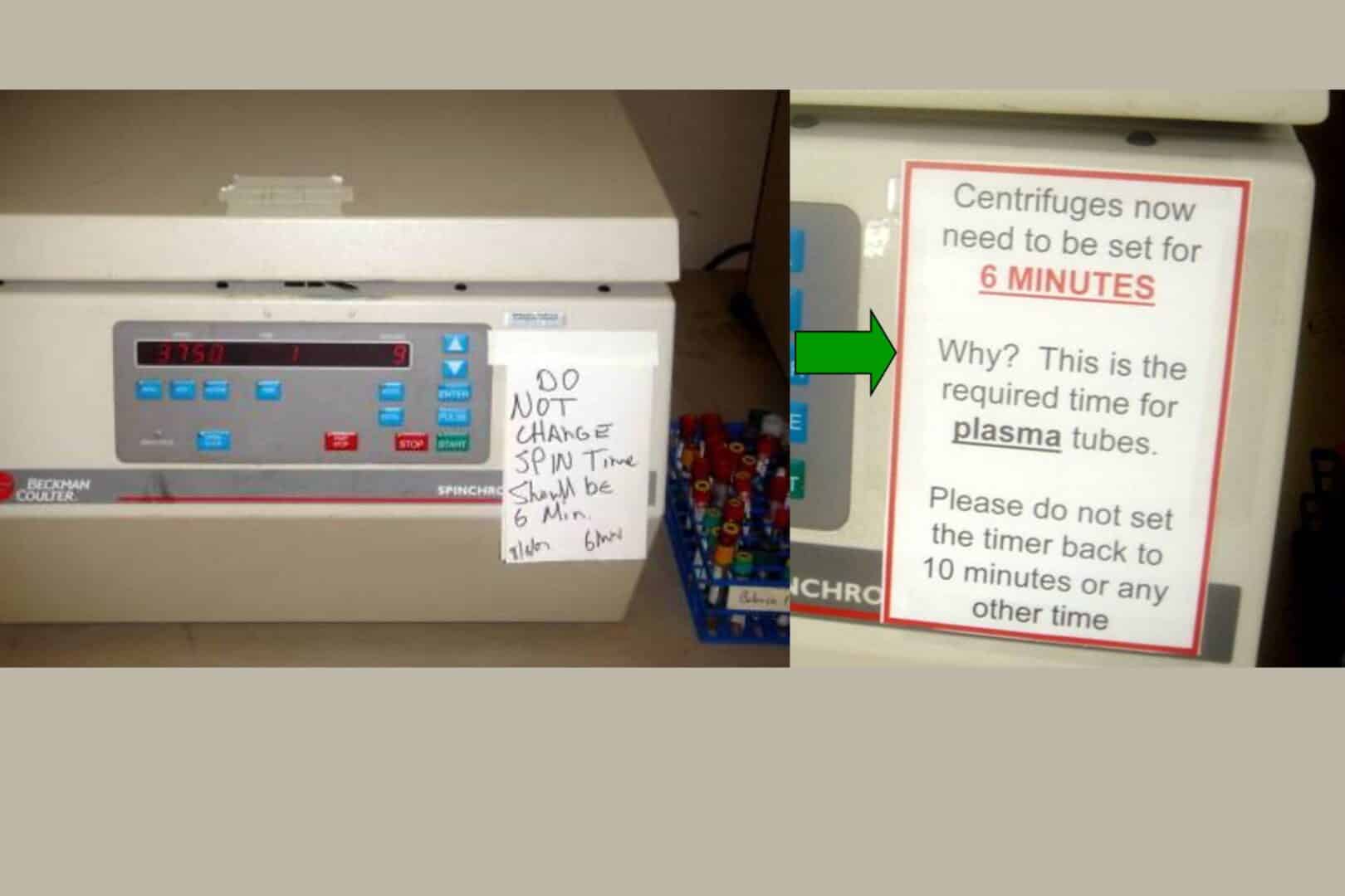 Image showing two signs on a centrifuge. The left sign is handwritten and reads "DO NOT CHANGE SPIN TIME. Should be 6 Min." The right sign is printed and reads "Centrifuges now need to be set for 6 MINUTES. Why? This is the required time for plasma tubes. Please do not set the timer back to 10 minutes or any other time." The right sign provides context and reasoning for the instruction, while the left sign is a direct command without explanation.