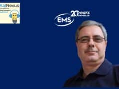 Unlock the Power of Leadership: A Preview of the Electrolux Manufacturing System (EMS) Webinar 1. Professor with glasses in front of EMS 20th anniversary logo and KaiNexus logo on blue background.