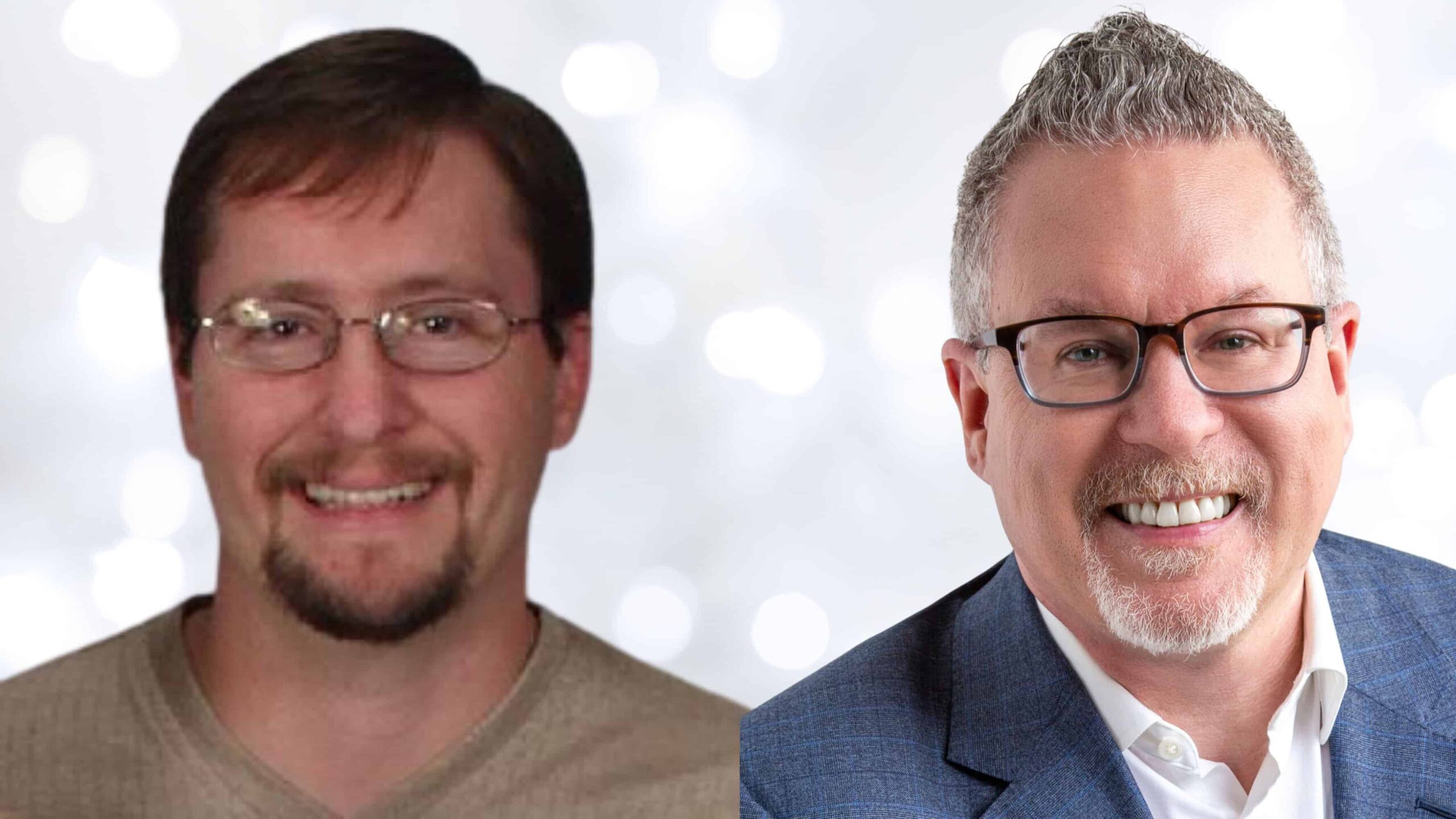 Smiling men with glasses, one in casual clothing and the other in a suit, against a bokeh background.