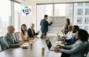 Are Executive Teams Solving Problems — or Just Making Decisions? High-angle view of diverse business team in a modern conference room during a lean strategy meeting.