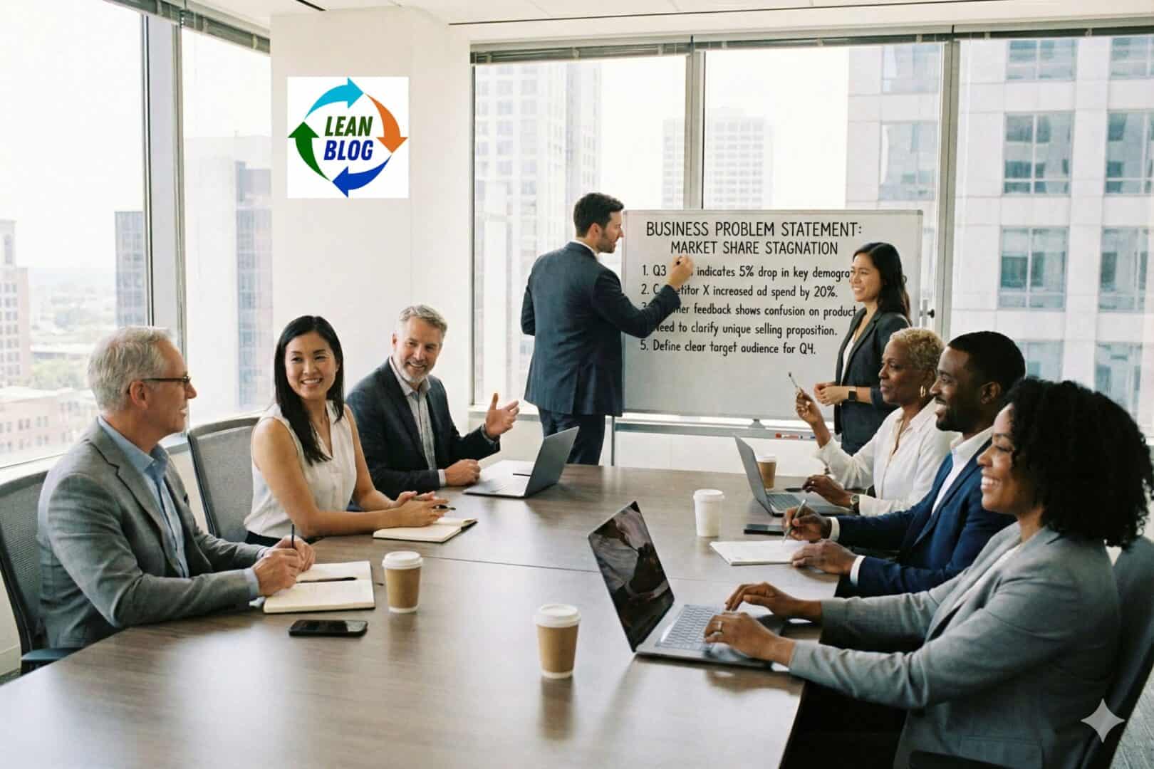 High-angle view of diverse business team in a modern conference room during a lean strategy meeting.