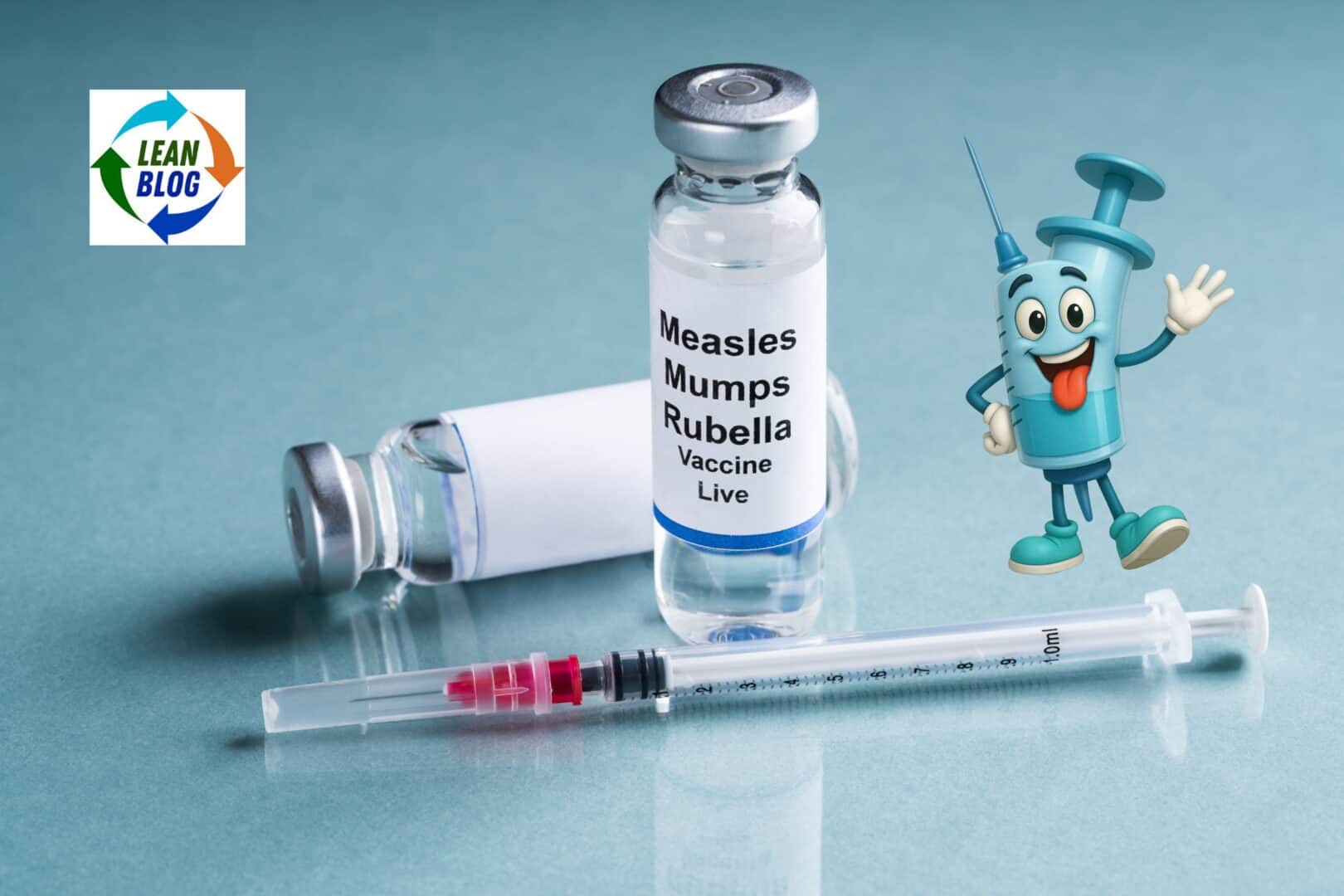 Vaccine vials labeled for measles, mumps, and rubella, with a cartoon syringe character waving.