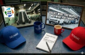 Five NUMMI Tour Lessons That Still Define Lean Thinking 1. ALT text: Framed photos of inspection and quality control in a manufacturing plant with mugs, hats, and a notebook.
